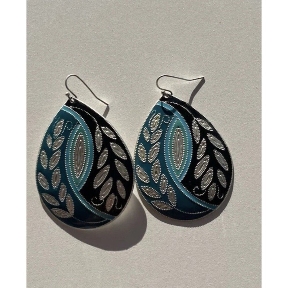 Vintage Women’s Leaf Shell Detail Earrings Dangle Drop Blue Silver Boho Western - Picture 3 of 8